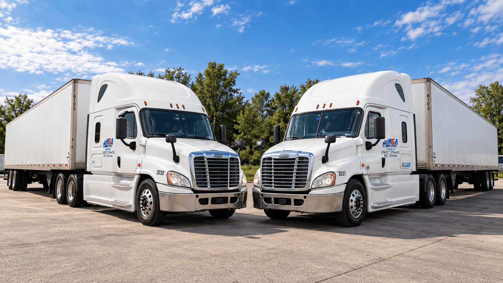 Two NGA Express tractors with dry van trailers parked side by side.