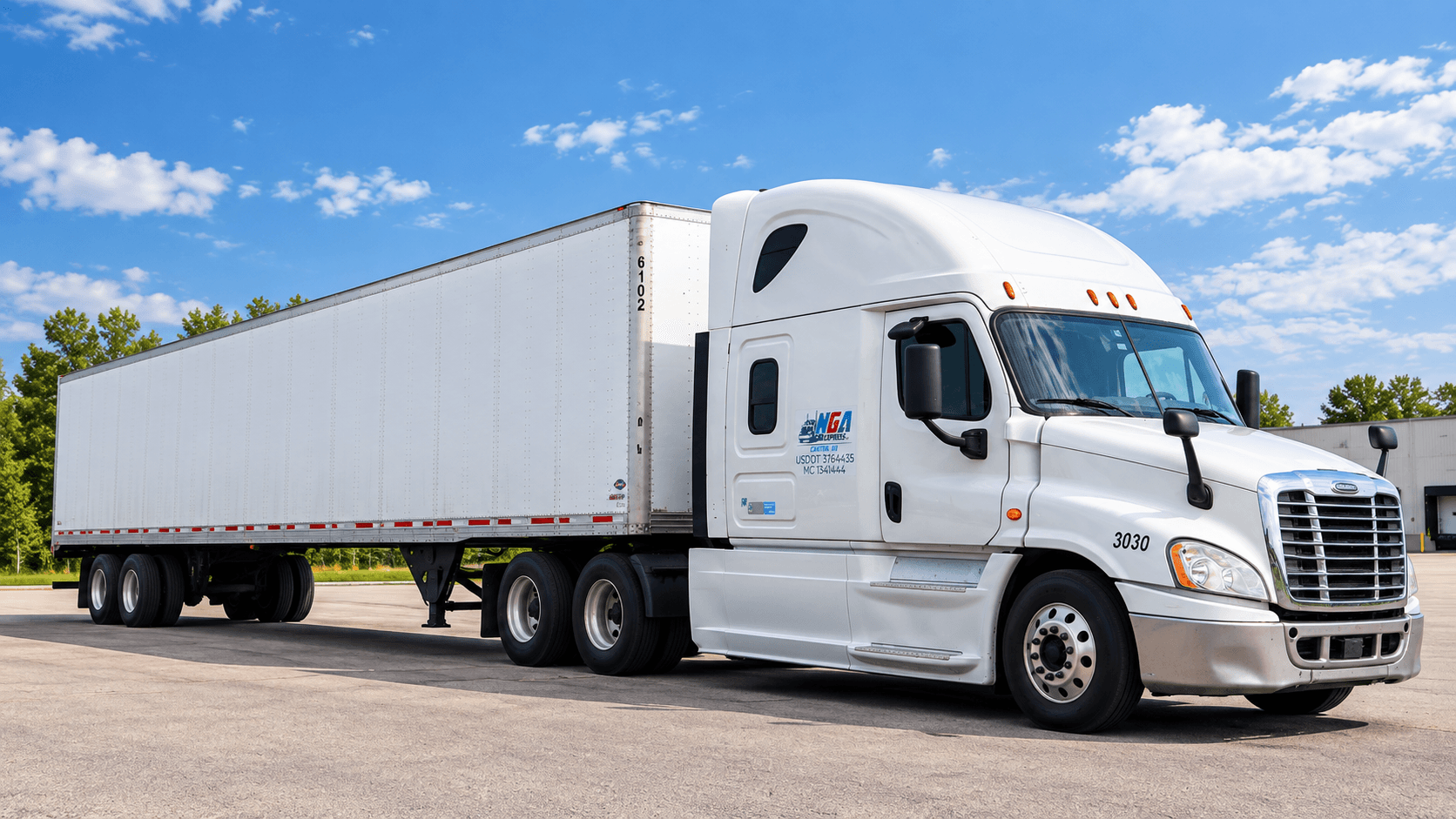 NGA Express tractor and dry van trailer parked under a bright Midwest sky.